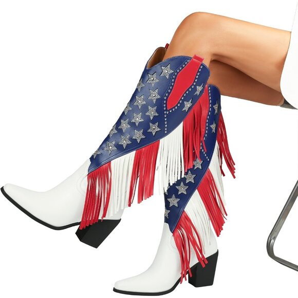 ⚡Women's Fringes American Flag Mid-Calf Western Boot Sparkling Stars Rhinestones - Picture 4 of 9